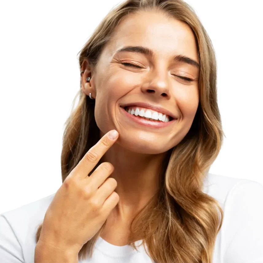 Image 1 Smiling woman touching her cheek, eyes closed.